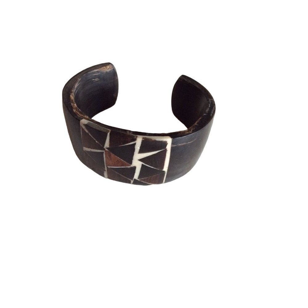 Cuff‎ Bracelet Brown Horn Geometric Bone Inlay Wide Tribal Statement